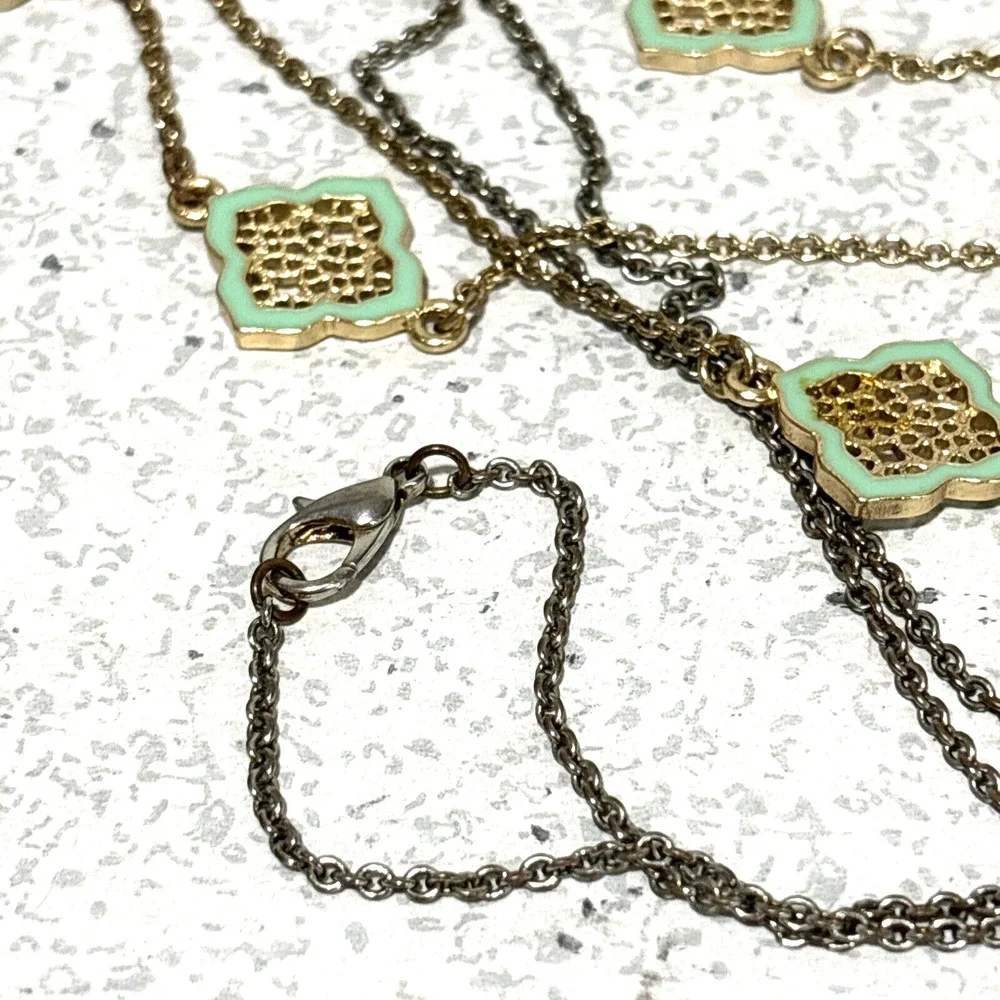 Fine Gold Station Chain Necklace w/ Mint Green Sections Single Strand Fashion